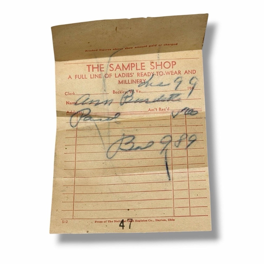 The Sample Shop Ladies Ready-to-Wear Millinery Receipt Beckley WV 1949 EBX